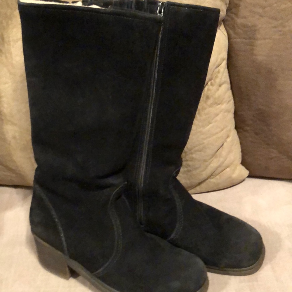 WIMENS BLACK SEUDE LEATHER SHEEP WOOL BOOTS SZ 9